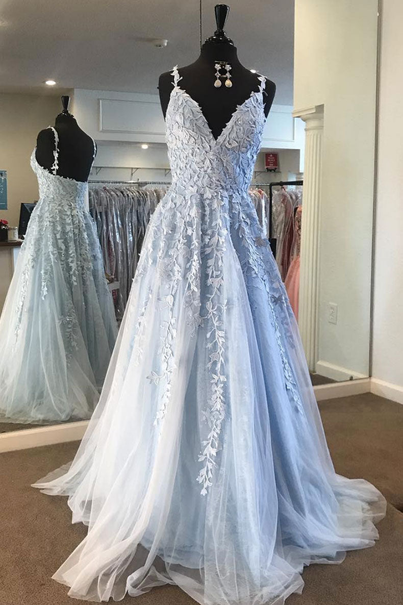 Light blue lace tulle long prom dress ...